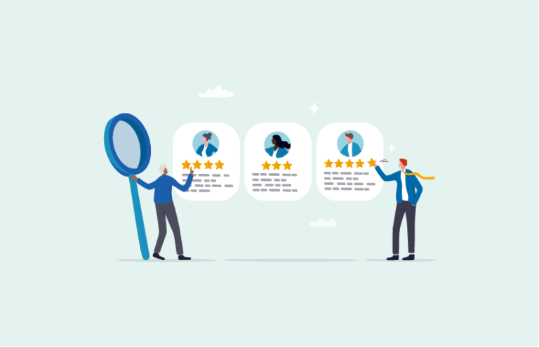Two people leaving and researching job reviews