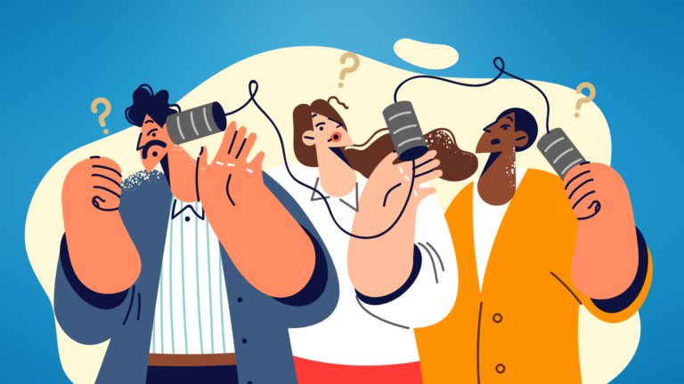 an illustration of people talking to one another and having miscommunication in the workplace.
